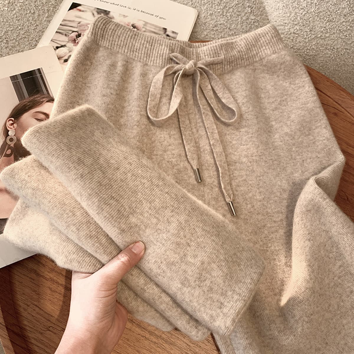 Осенне-зимние элегантные широкие брюки из 100% австралийской чистой шерсти с высокой талией для женщин, прямые брюки из...