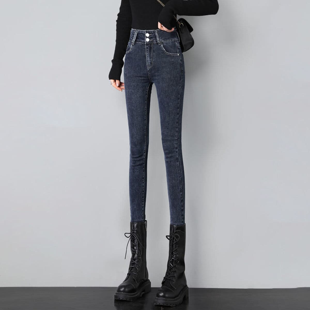 Высокая талия эластичные джинсы женский осень зима 2024 новый большой размер тонкий карандаш обтягивающие маленькие штаны...