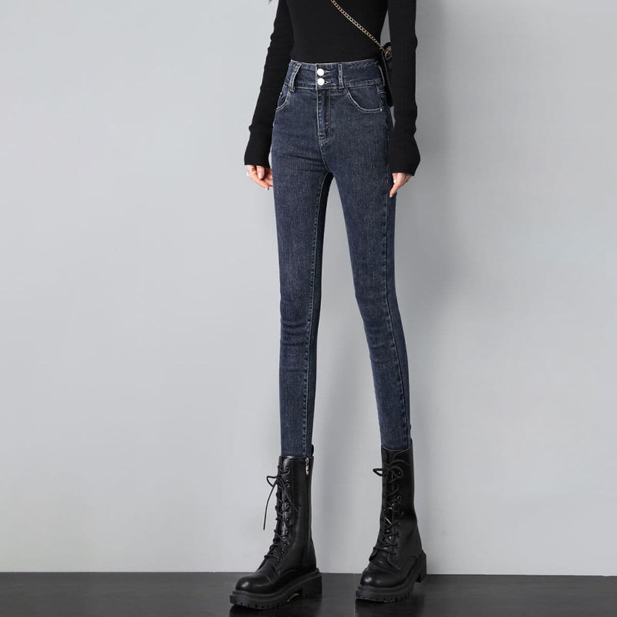 Высокая талия эластичные джинсы женский осень зима 2024 новый большой размер тонкий карандаш обтягивающие маленькие штаны...