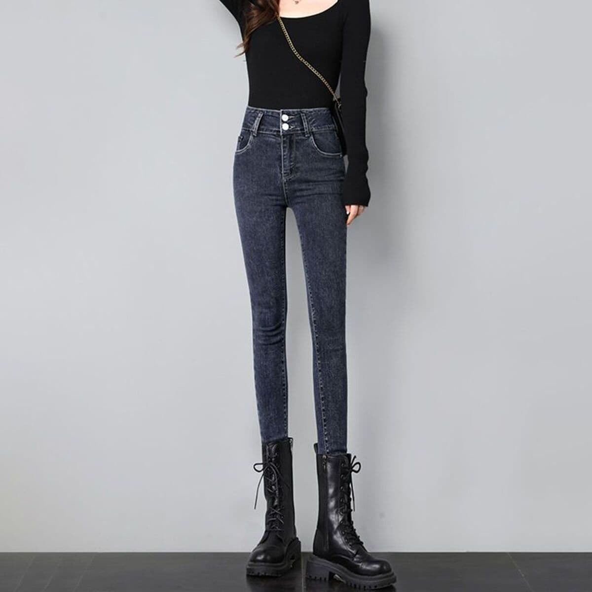Высокая талия эластичные джинсы женский осень зима 2024 новый большой размер тонкий карандаш обтягивающие маленькие штаны...