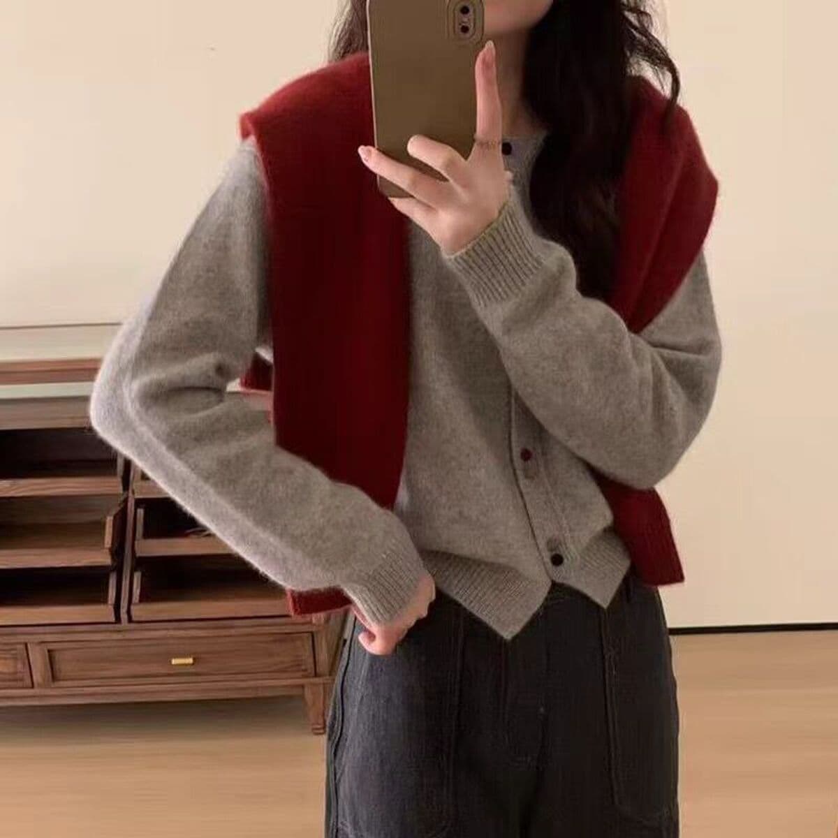 Новый год красный кардиган красный кардиган свитер женский европейский осенний и зимний кашемир свободный толстый вязаный...