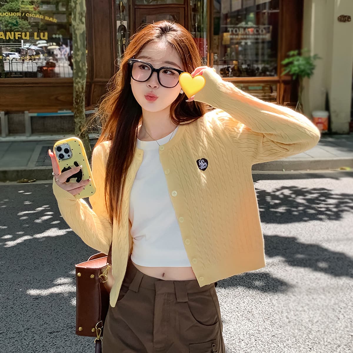 Желтый вязаный кардиган для женщин, новинка 2025 года, укороченный, повседневный, весенне-осенний, крупной вязки, с эффектом...