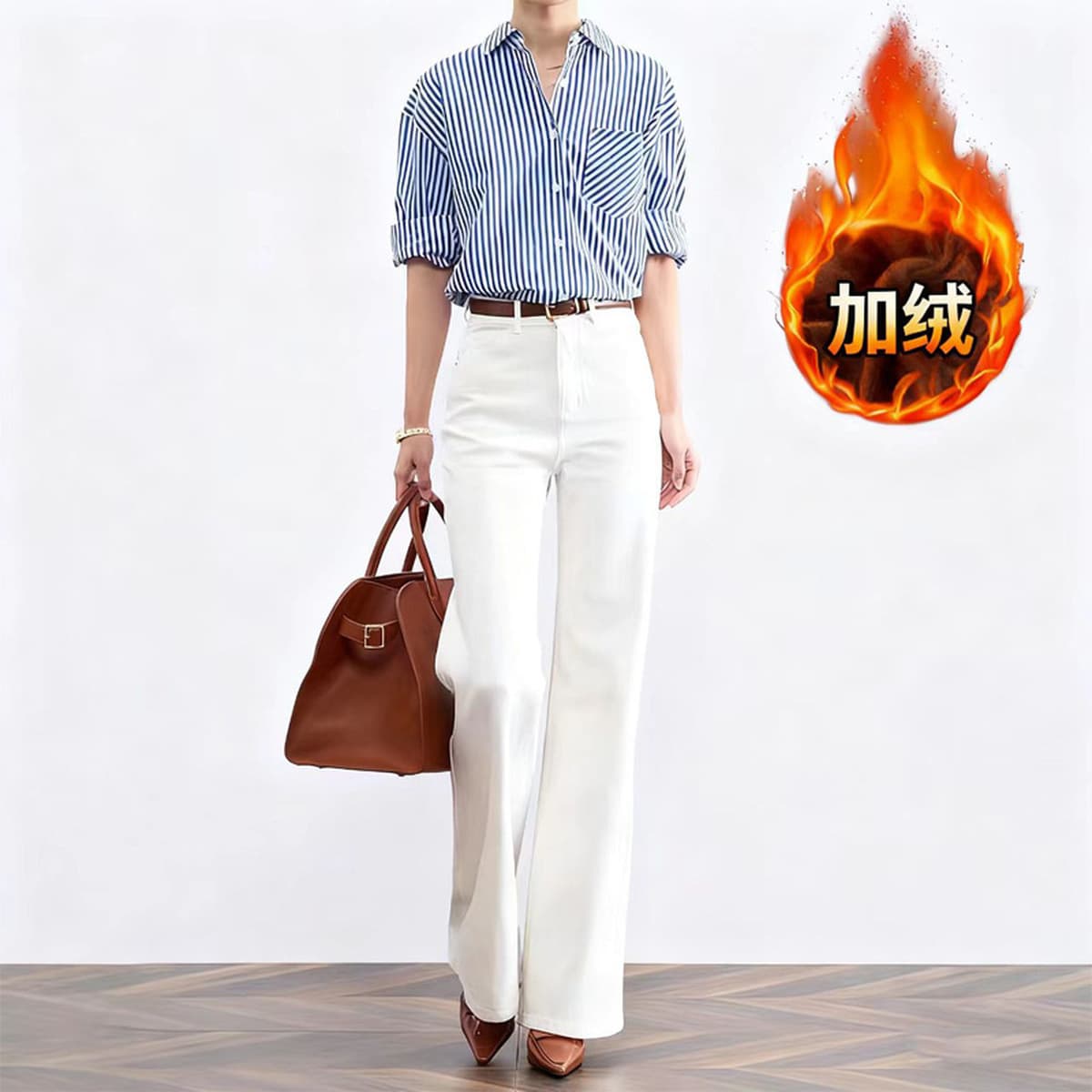 Джинсы-клеш с высокой талией и флисовой подкладкой, прямые, из высококачественного эластичного материала, осень-зима 2025,...