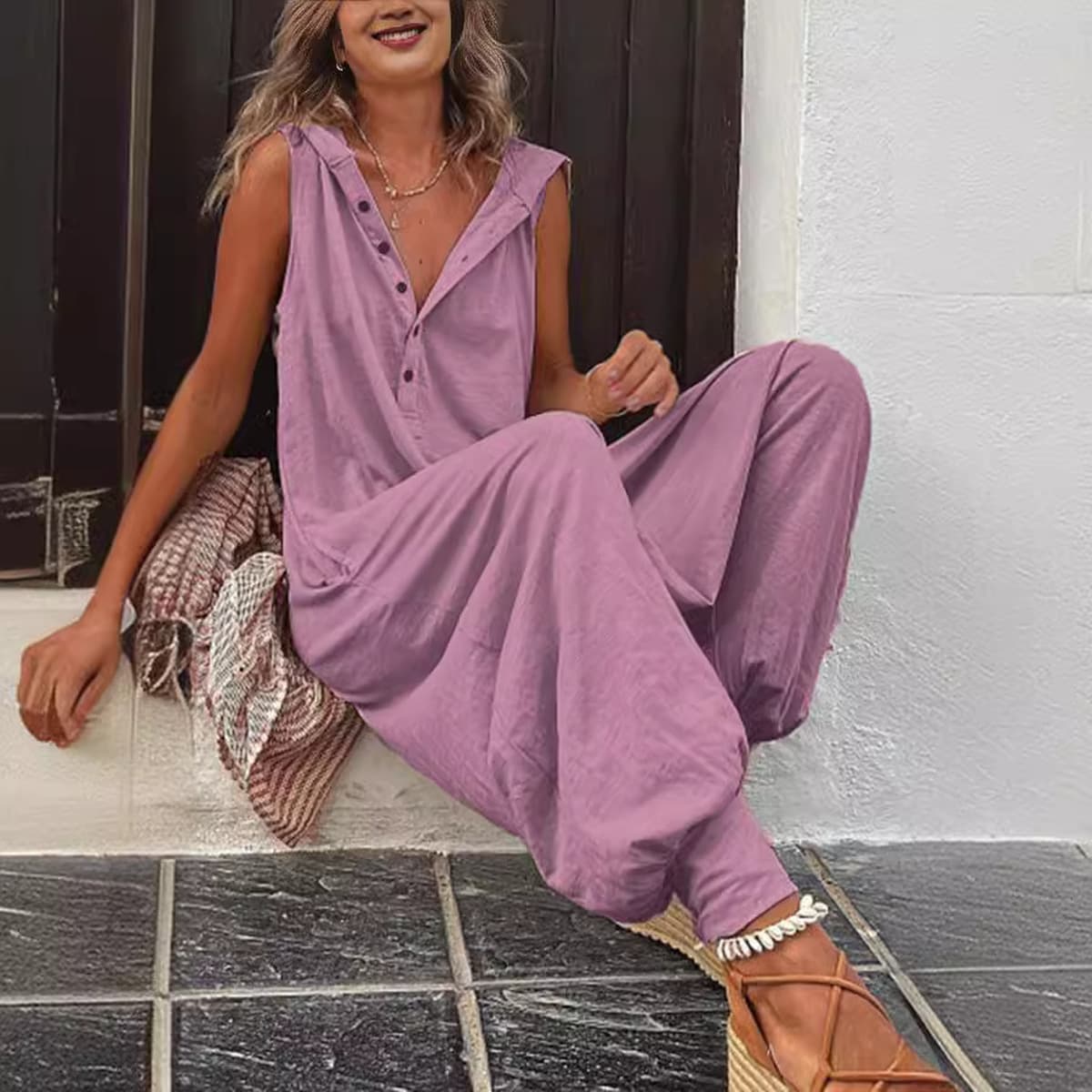 Европейская и американская одежда 2025 года, ebay Amazon, брюки без рукавов с капюшоном на пуговицах, комбинезон, мешковатые...