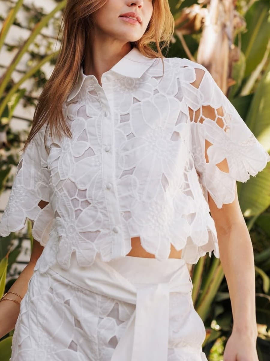 2025 летний новый трансграничный европейский и американский женский костюм сплошной цвет повседневный ажурный кардиган топ...