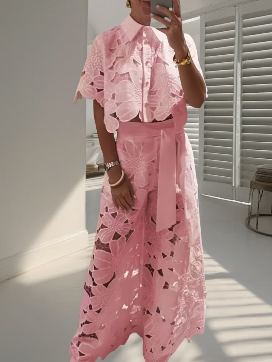 2025 летний новый трансграничный европейский и американский женский костюм сплошной цвет повседневный ажурный кардиган топ...