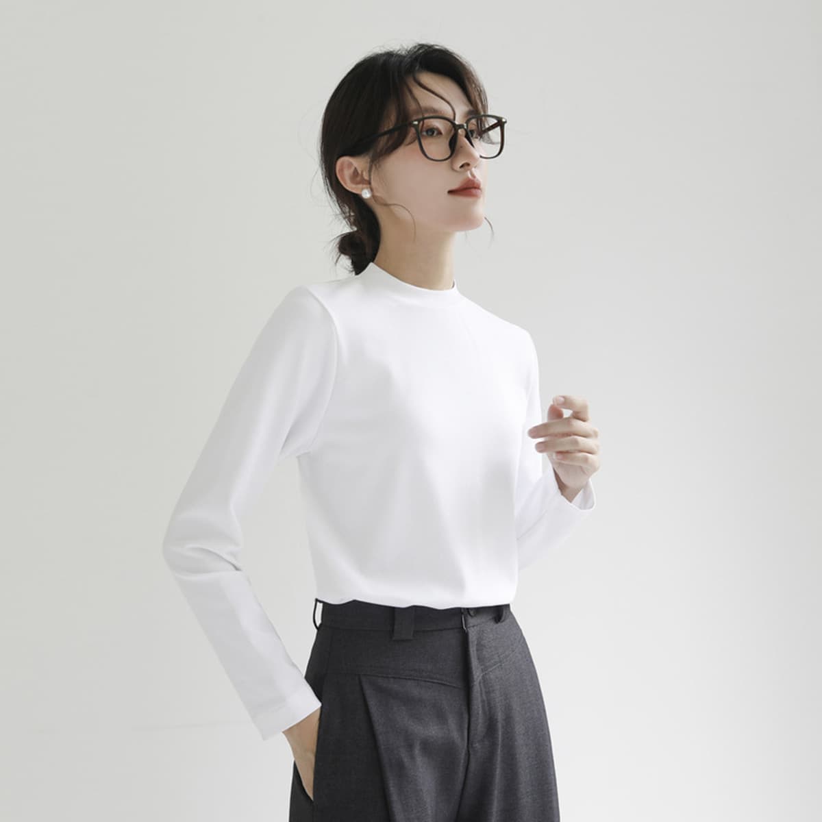 Минималистичная маленькая футболка из чистого хлопка с воротником-стойкой, женская рабочая одежда с длинными рукавами,...