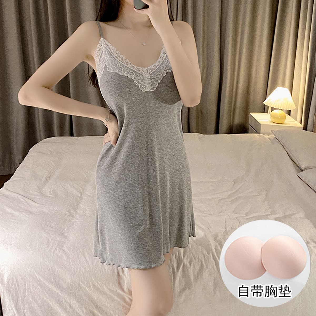 Ночная юбка с нагрудным ковриком Женское лето Сексуальная без рукавов Пижамная юбка Тонкое лето серая летнее платье