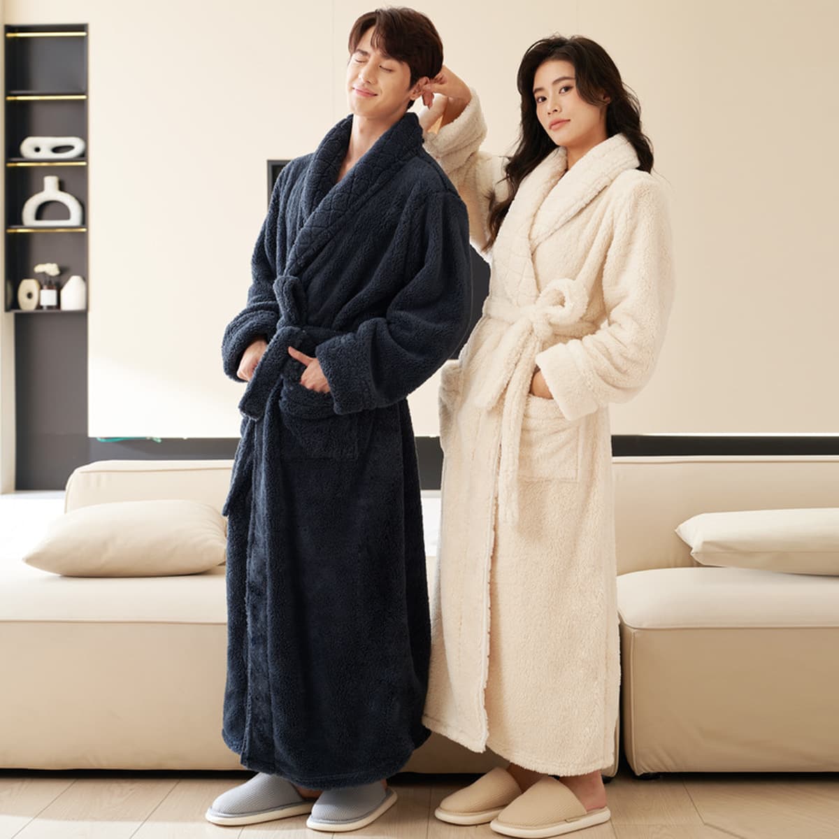 Пара пижамы мужские зимние длинные фланелевые двухсторонние толстые коралловые бархатные пижамы до лодыжки халат пижамы...