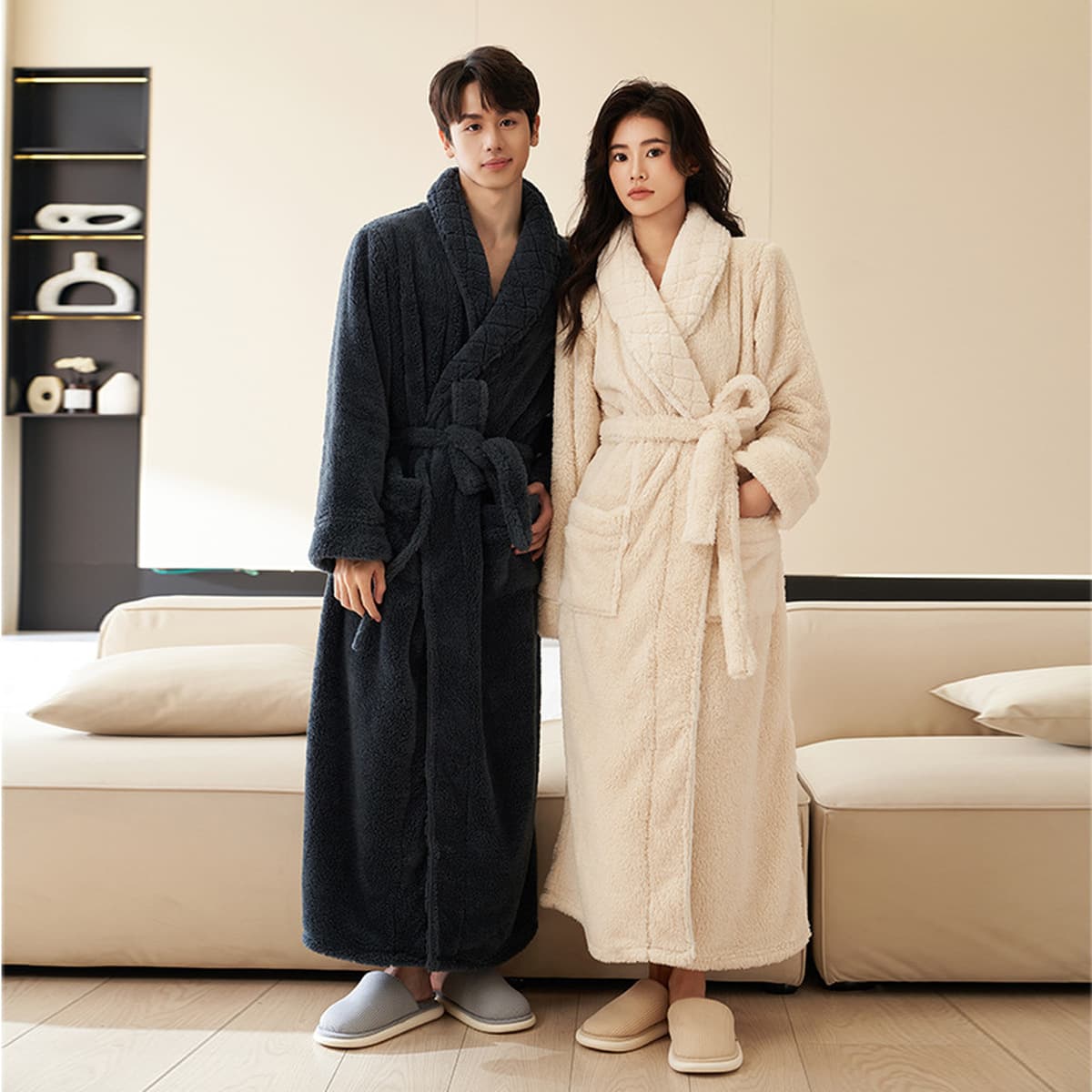 Пара пижамы мужские зимние длинные фланелевые двухсторонние толстые коралловые бархатные пижамы до лодыжки халат пижамы...