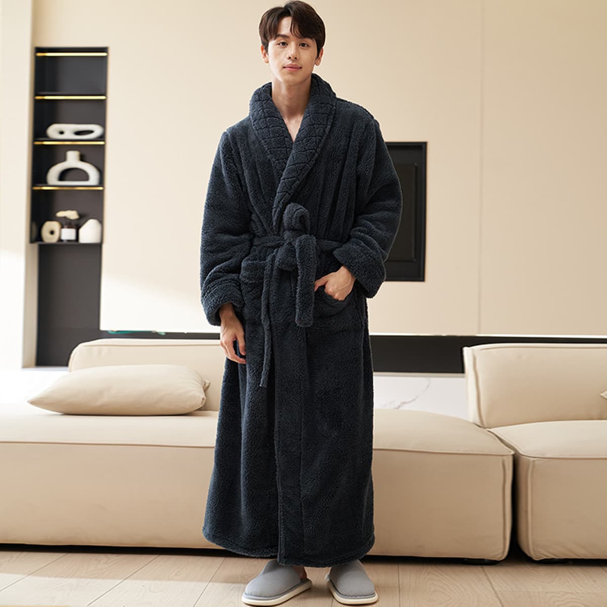 Пара пижамы мужские зимние длинные фланелевые двухсторонние толстые коралловые бархатные пижамы до лодыжки халат пижамы...