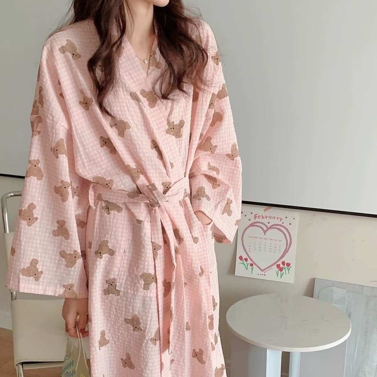 Ночная одежда женская весна и осень новый японский стиль милый халат в клетку маленький медведь с длинными рукавами...