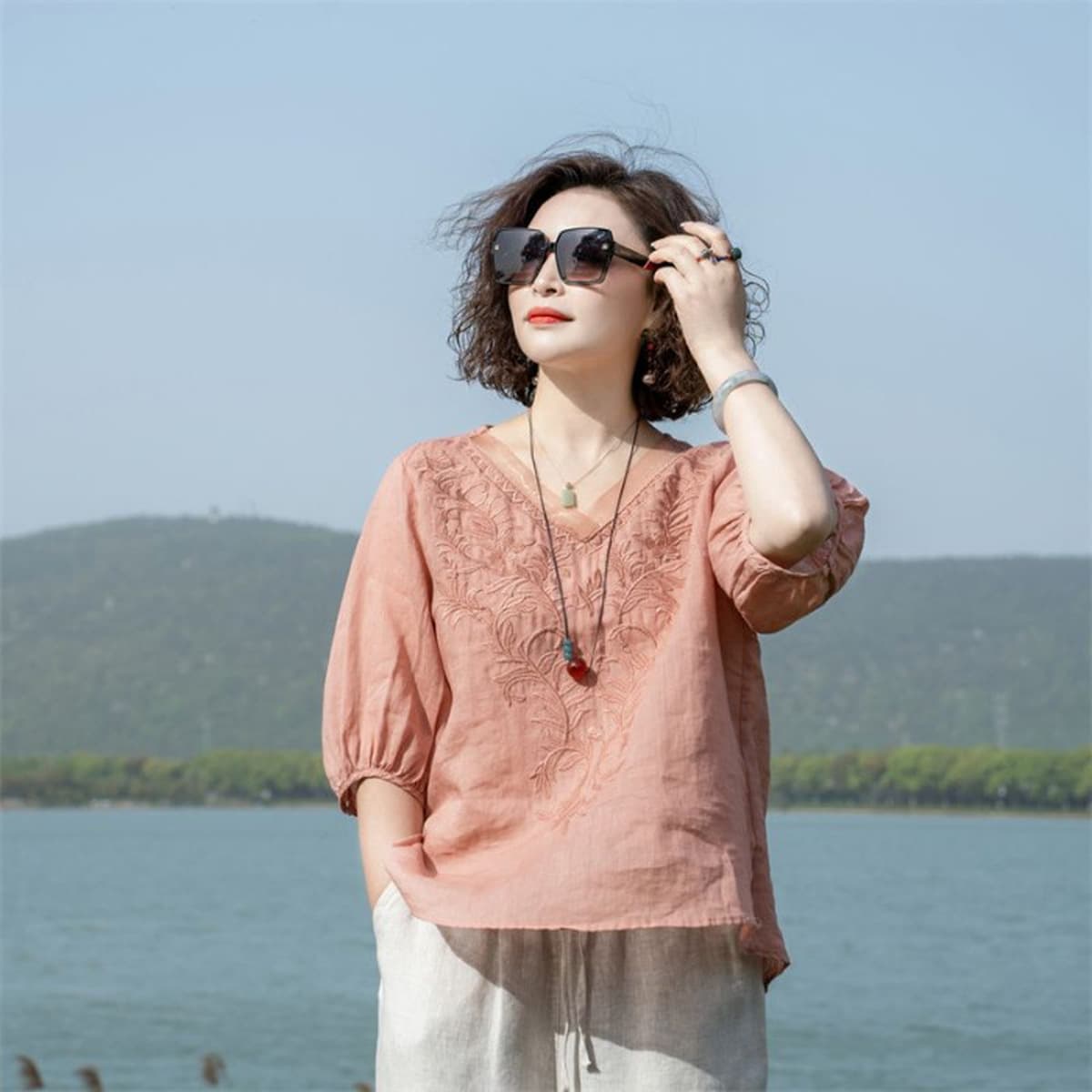 Высококачественная хлопковая и льняная вышивка рубашка женская лето 2023 года