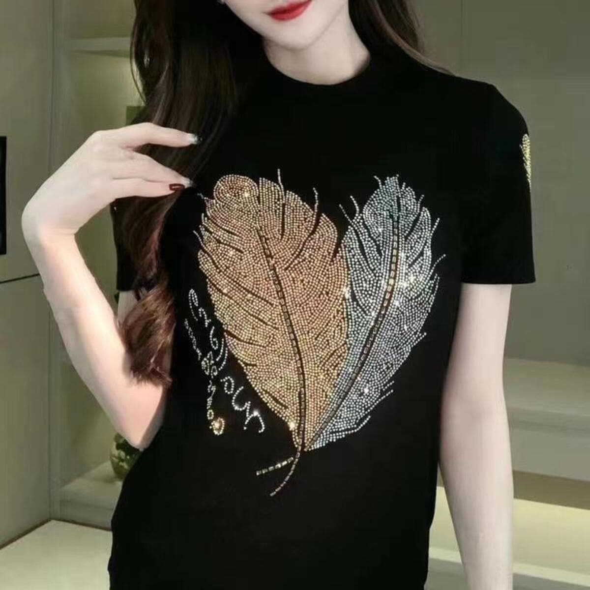 Блестящая женская летняя футболка с короткими рукавами, круглый вырез, стройнящий вид, сверхпрочный топ большого размера для...