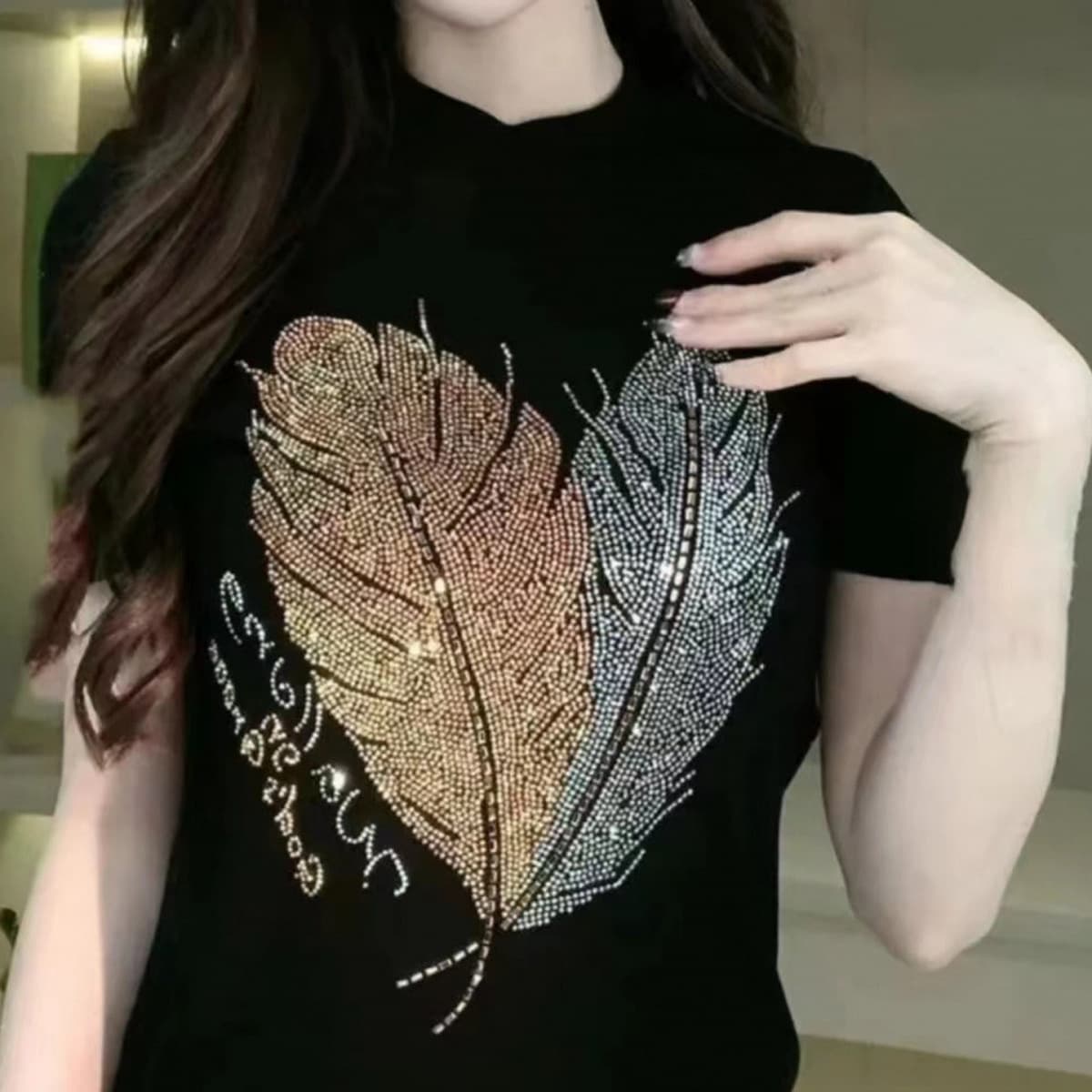 Блестящая женская летняя футболка с короткими рукавами, круглый вырез, стройнящий вид, сверхпрочный топ большого размера для...