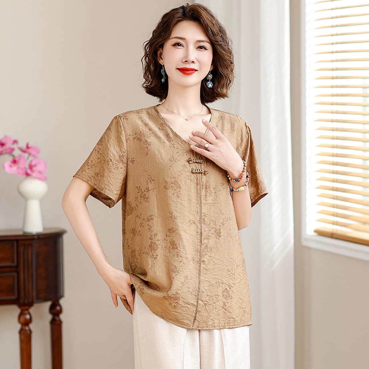 2022 новый топ для матери, Женская свободная Стильная верхняя одежда, хлопковая шелковая футболка с короткими рукавами,...