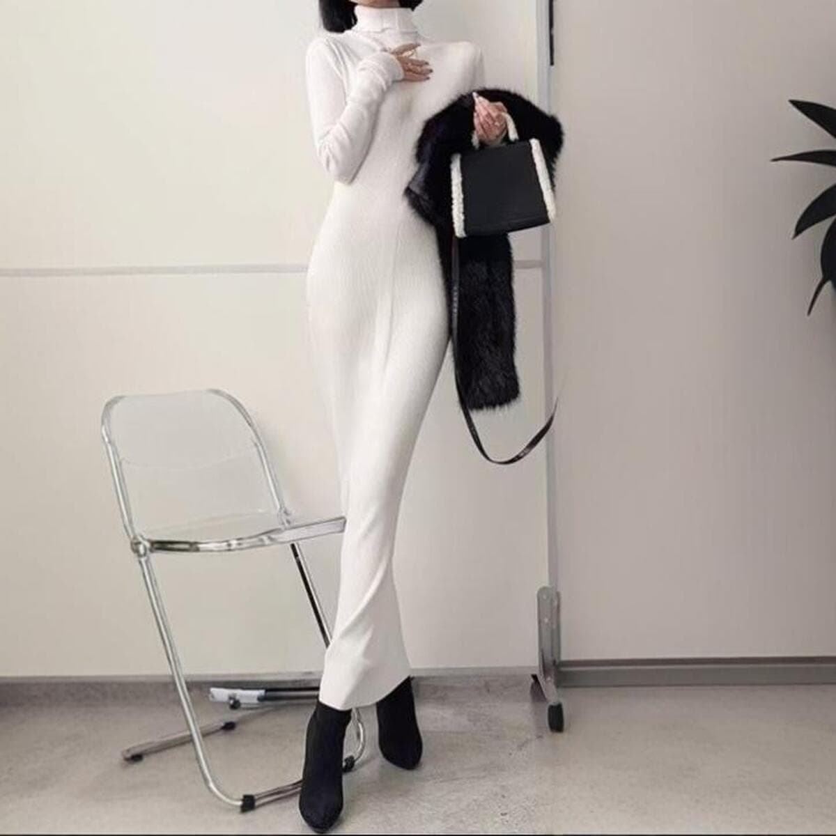 2024 высокий осенний и зимний высокий воротник супер длинное свитер платье плюс длинное рукава тонкое вязаное платье для...