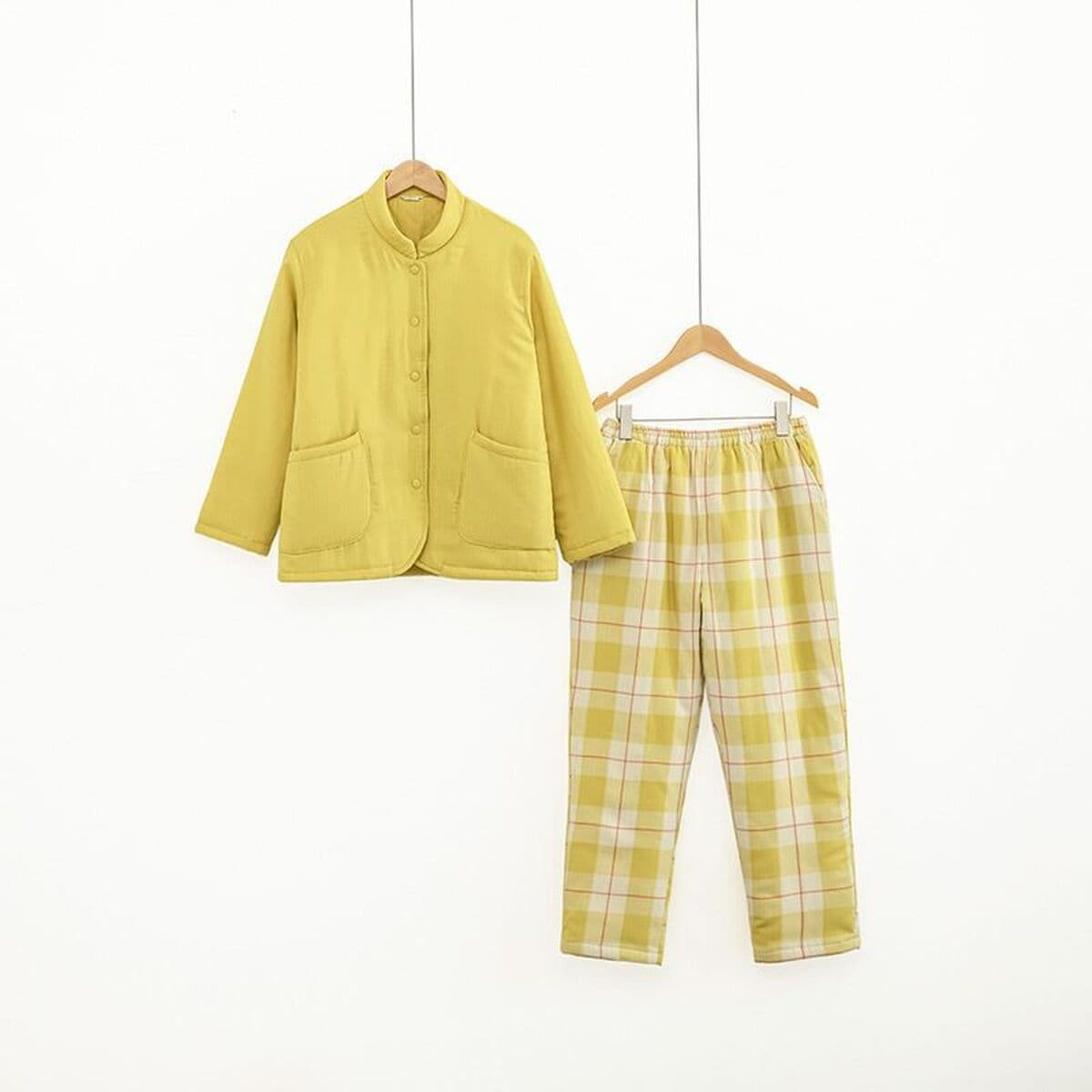 Без печати хороший японский стиль утолщенный хлопок двухслойная хлопчатобумажная пижама женская сплошная мужская зимняя...