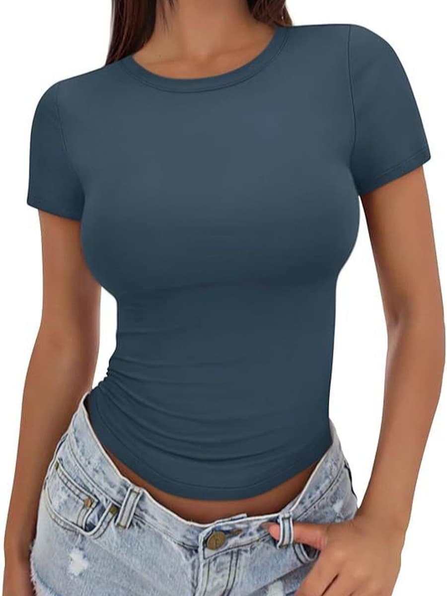 2025 Трансграничный досуг Летние дикие узкие с высоким круглым вырезом футболка с короткими рукавами тонкая девушка горячий...