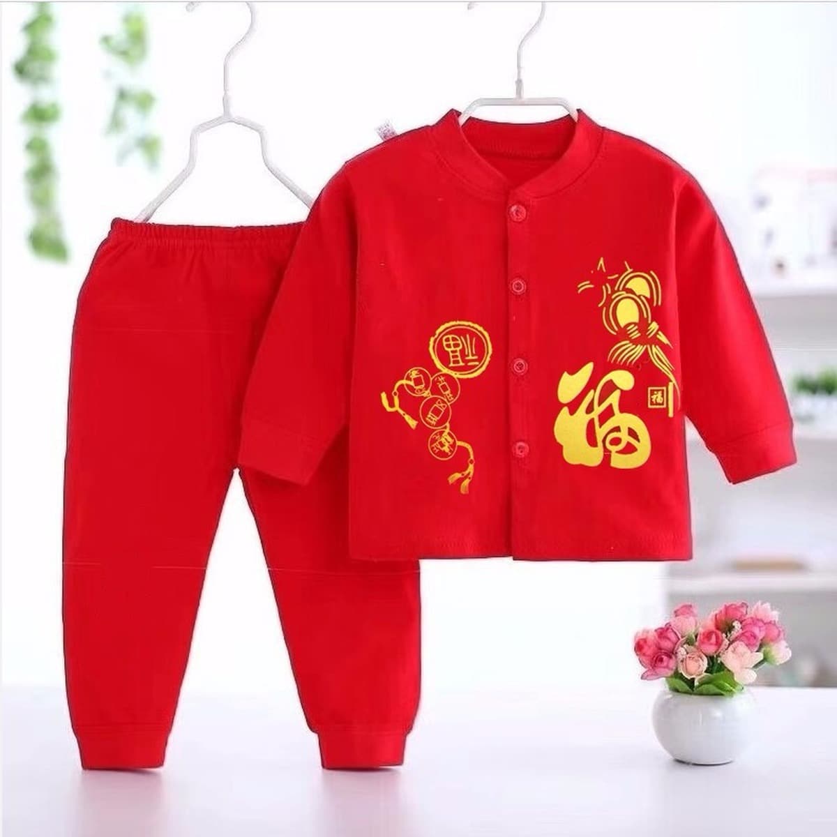 Новая детская одежда без костей Красный праздничный тонкий летний костюм Новый день рождения Детская Новогодняя одежда