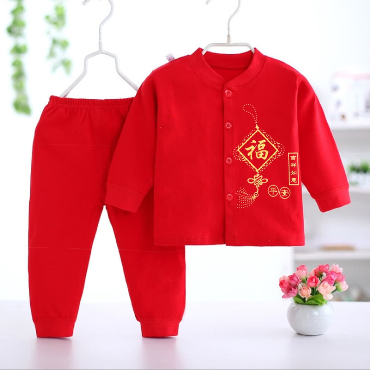 Новая детская одежда без костей Красный праздничный тонкий летний костюм Новый день рождения Детская Новогодняя одежда