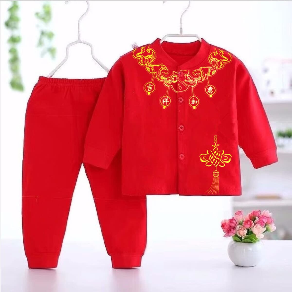 Новая детская одежда без костей Красный праздничный тонкий летний костюм Новый день рождения Детская Новогодняя одежда