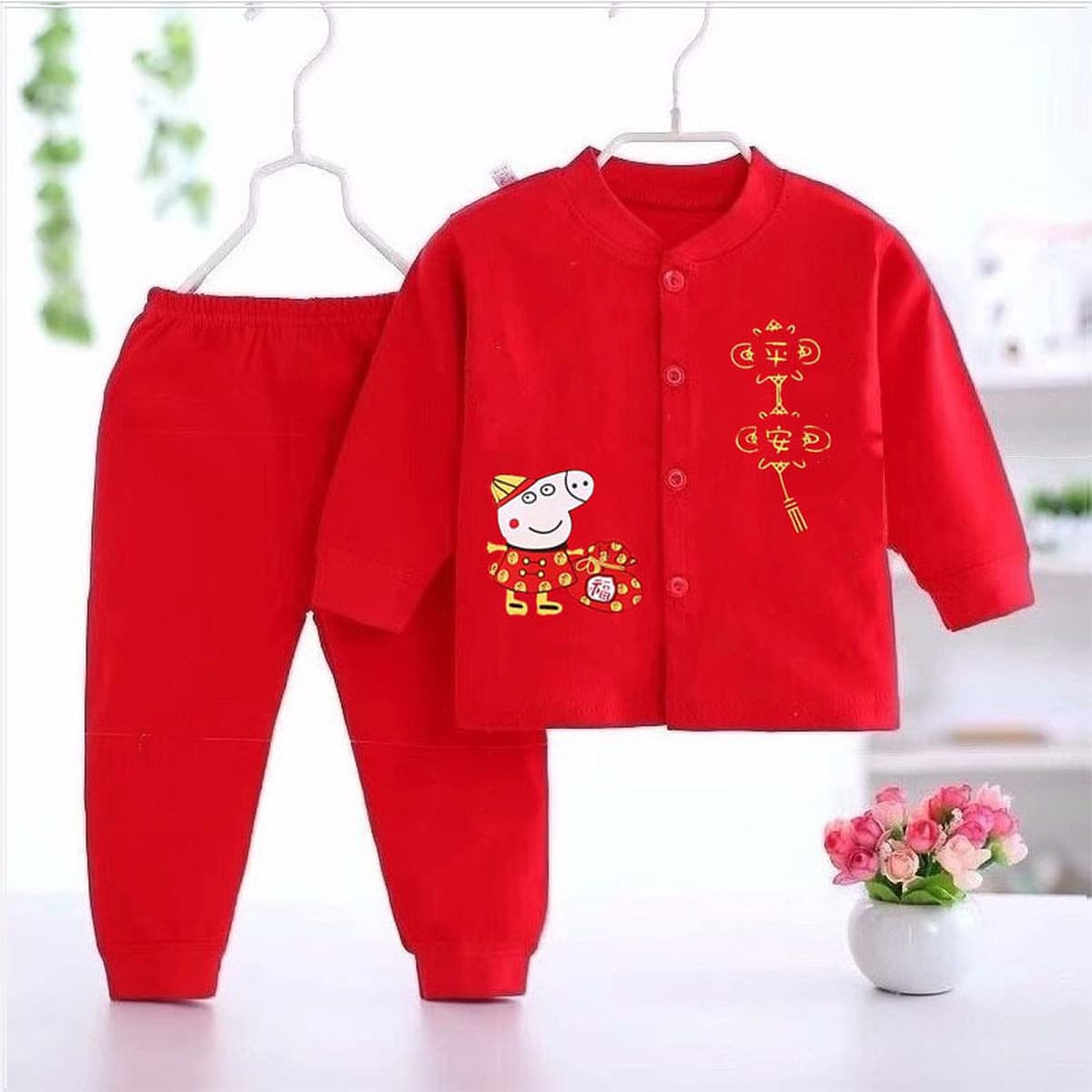 Новая детская одежда без костей Красный праздничный тонкий летний костюм Новый день рождения Детская Новогодняя одежда