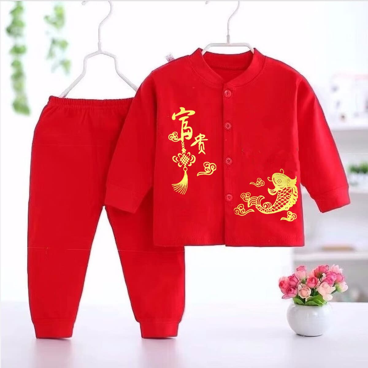 Новая детская одежда без костей Красный праздничный тонкий летний костюм Новый день рождения Детская Новогодняя одежда
