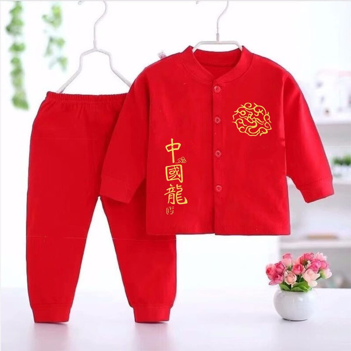 Новая детская одежда без костей Красный праздничный тонкий летний костюм Новый день рождения Детская Новогодняя одежда