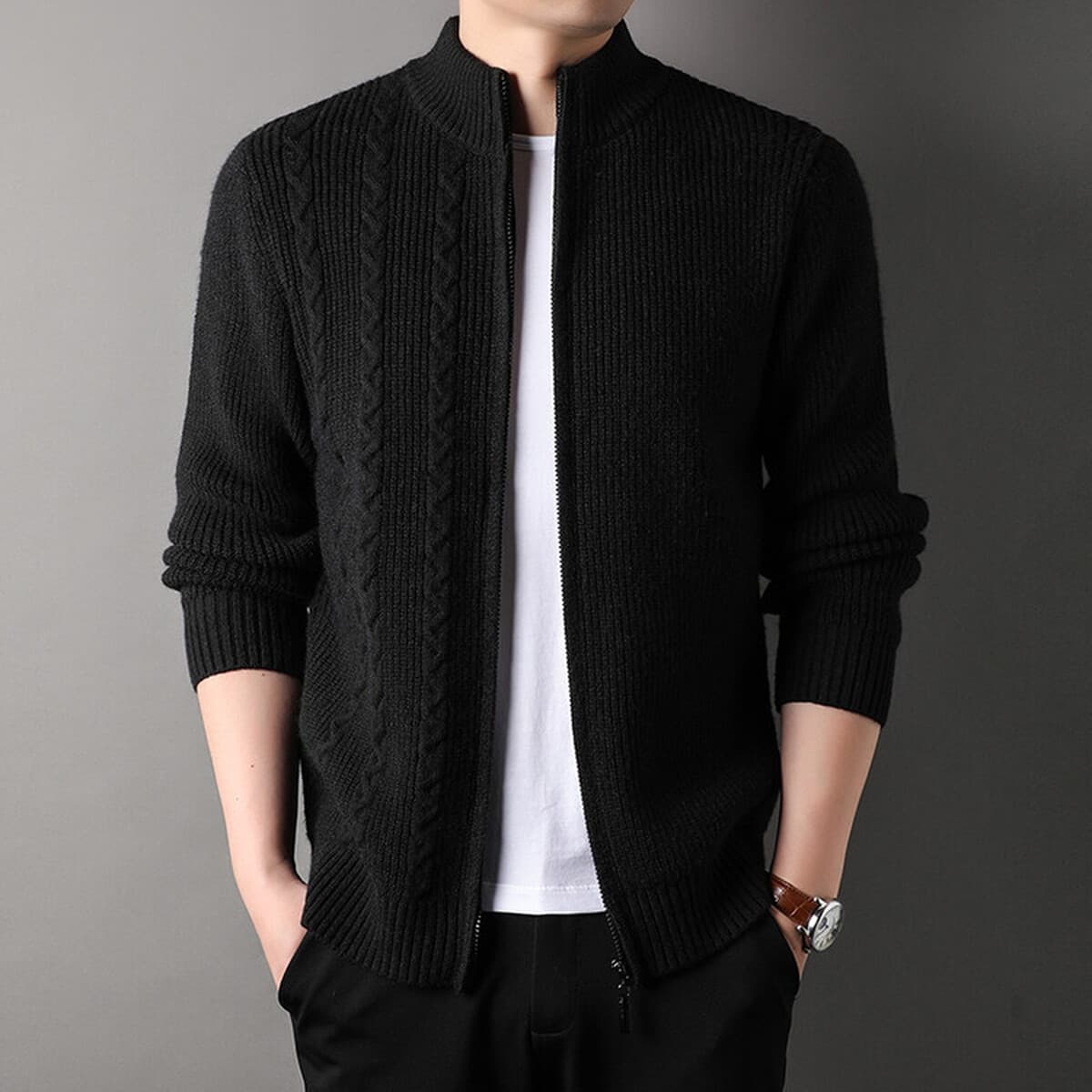 Водолазка Мужской 2023 осенне-зимний свободный Универсальный однотонный кардиган на молнии с воротником-стойкой, вязаный...