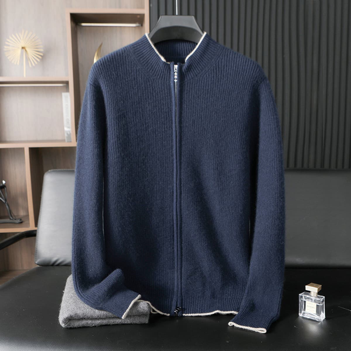 24 осенние и зимние новые кашемировые свитера мужские полувысокие воротники кардиган на молнии
