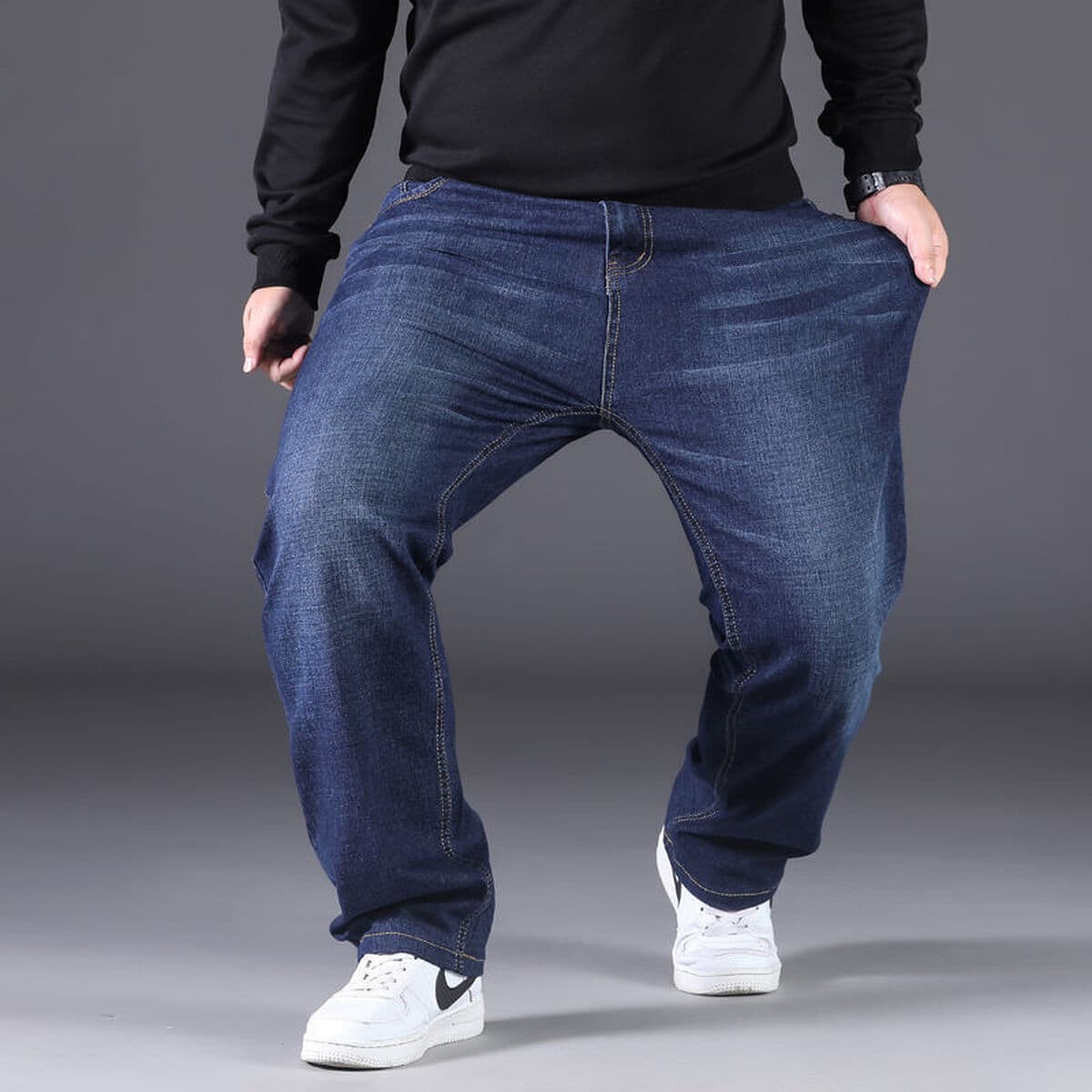 Мужские джинсы больших размеров, свободные прямые мужские брюки с высокой талией, Толстые мужские эластичные брюки больших...