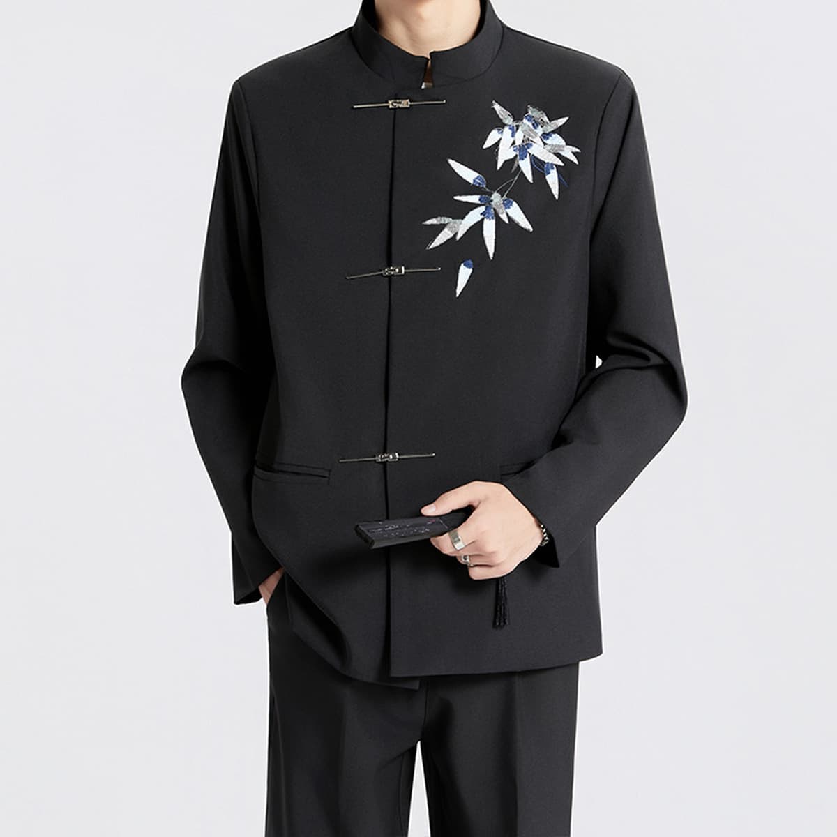 Новый китайский стиль китайского стиля Zhongshan костюм зеленый бамбук с пряжкой и воротником пиджак мужской костюм высокого...