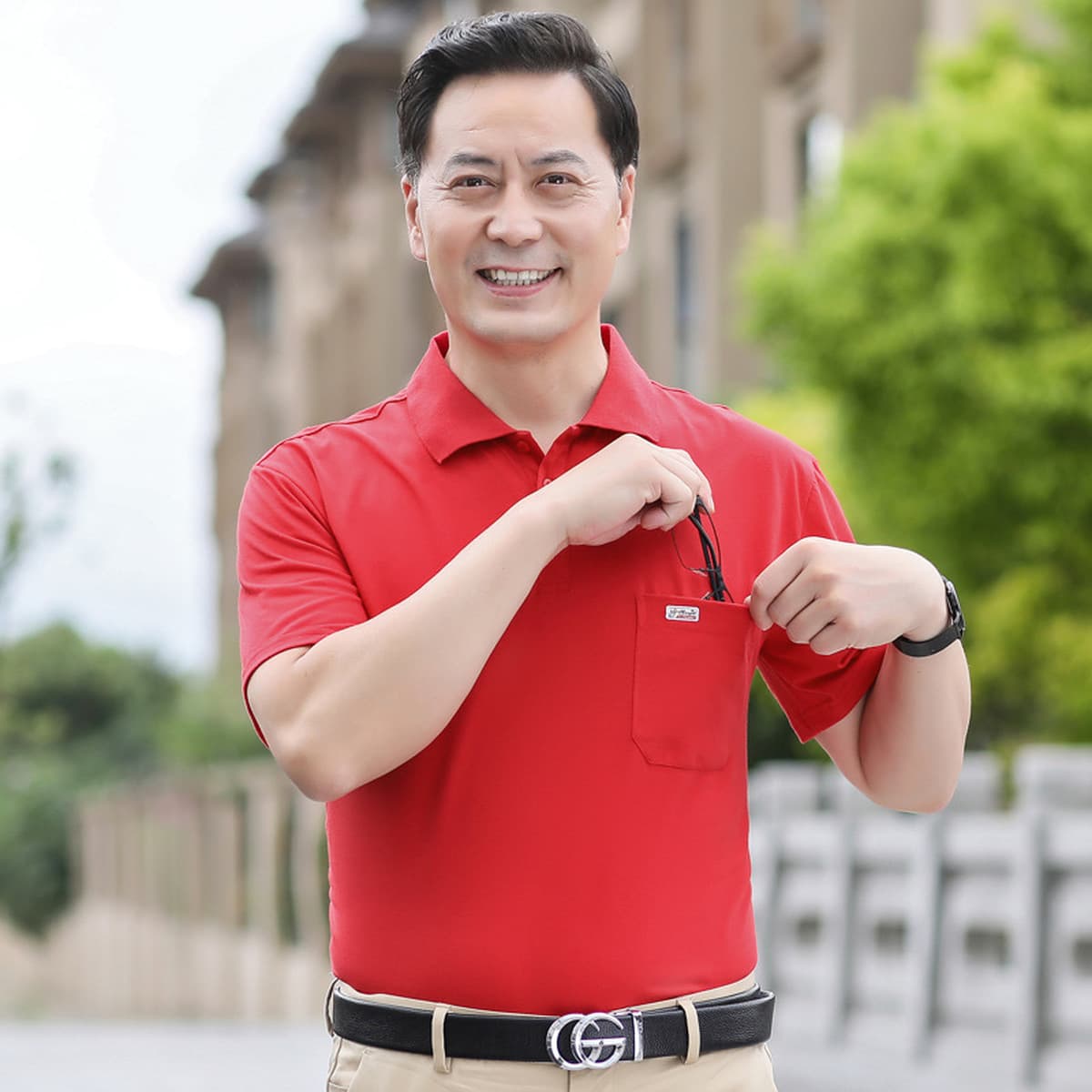 Новая красная одежда для папы среднего возраста, мужская летняя одежда, этот год жизни, футболка с коротким рукавом для...