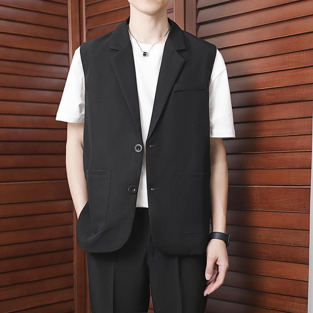 Летний свободный повседневный костюм, жилет, универсальный мужской корейский стиль, модная куртка без рукавов, красивый...