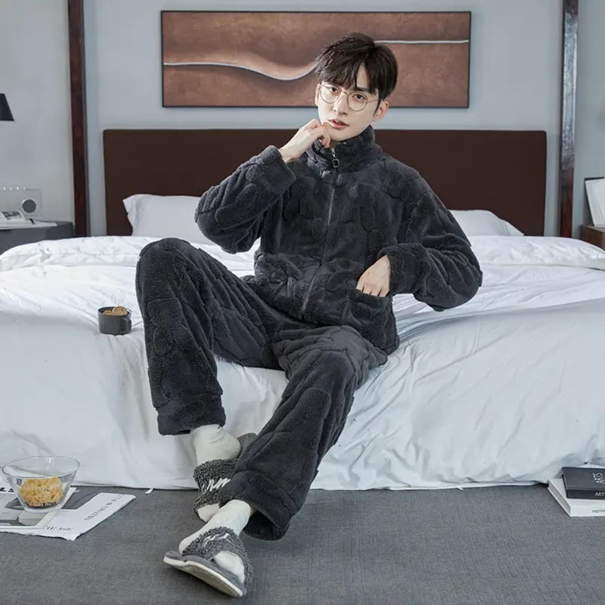 Мужская пижама коралловый бархат осенняя зима утолщение молнии плюс бархат с длинными рукавами теплая фланелевая домашняя...