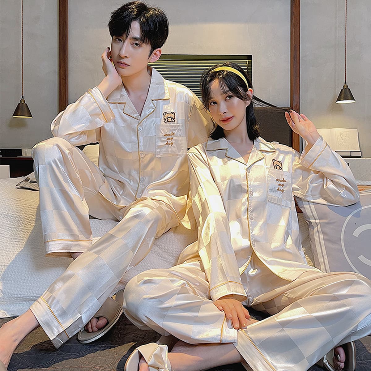 Пижамы для пар, весна и осень, ледяной шелк, Мужская и Женская Летняя шелковая тонкая английская домашняя одежда в стиле...