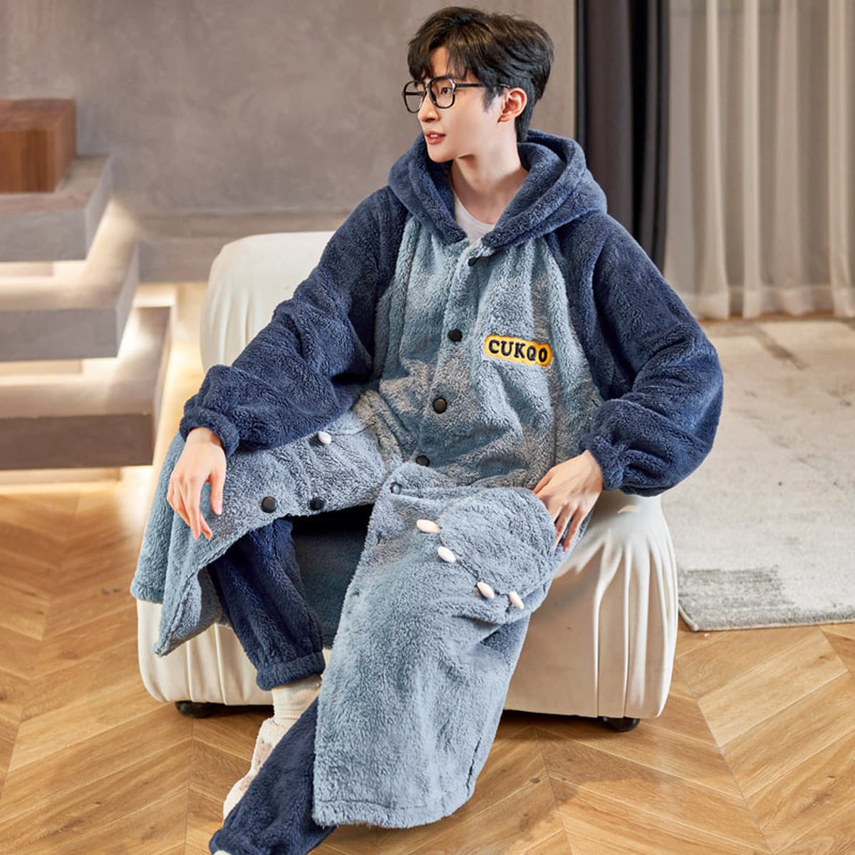 Caini Love Пижама женская зимняя Коралловая флисовая утолщенная длинная фланелевая ночная рубашка с капюшоном мужская парная...