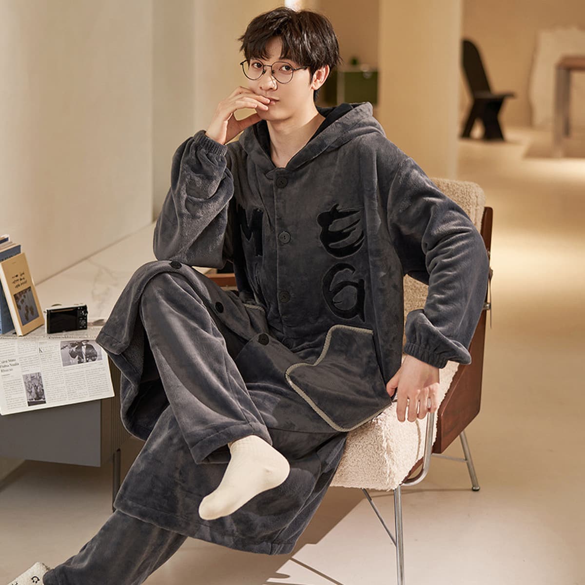 Caini Love Пижама женская зимняя Коралловая флисовая утолщенная длинная фланелевая ночная рубашка с капюшоном мужская парная...