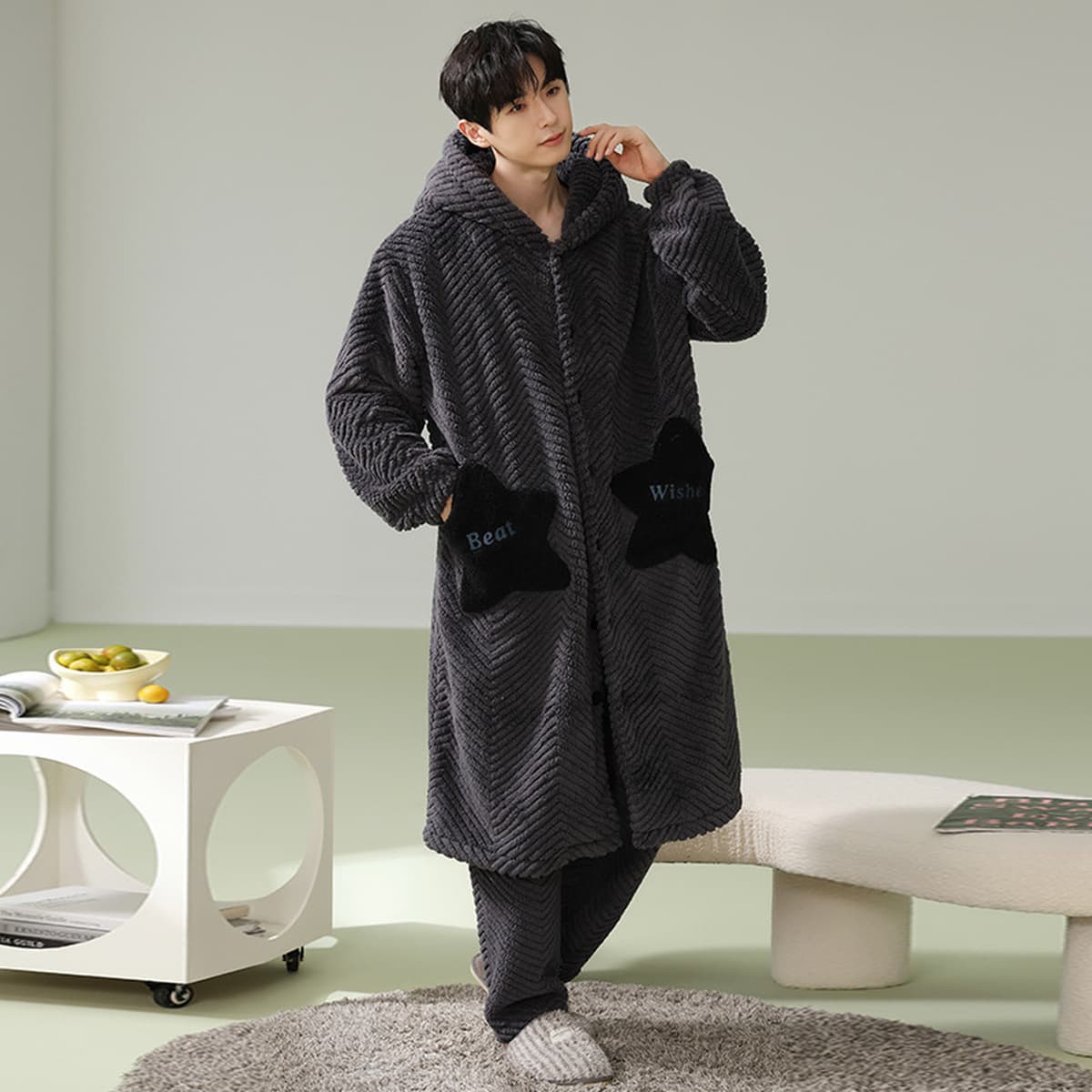 Caini Love Пижама женская зимняя Коралловая флисовая утолщенная длинная фланелевая ночная рубашка с капюшоном мужская парная...