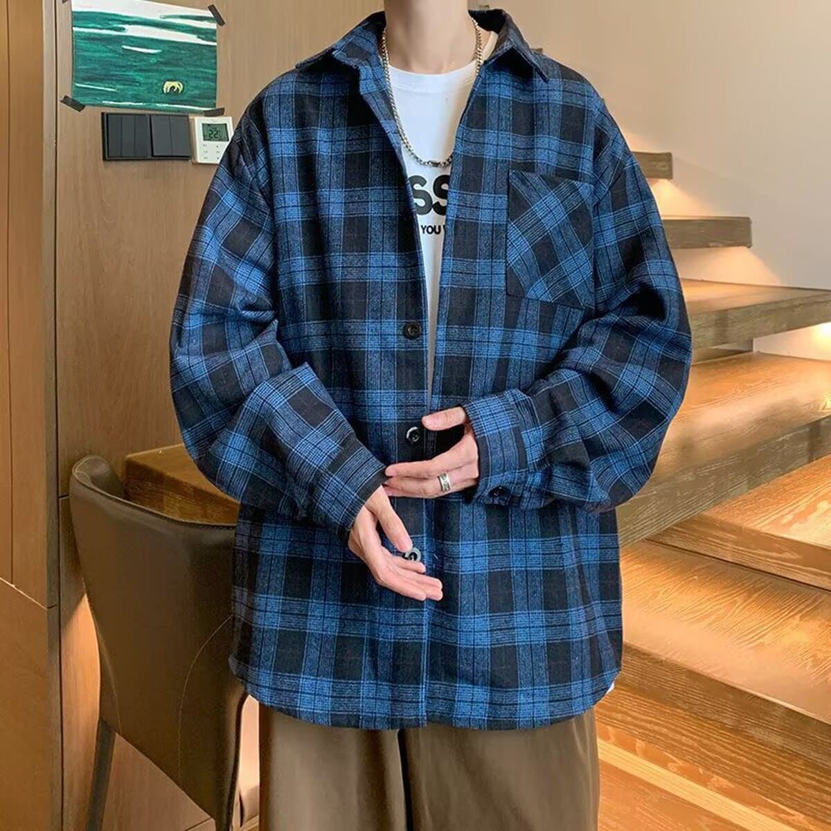 Мужская рубашка в клетку больших размеров, длинный рукав, весна-осень 2025, модный американский ретро стиль, свободный...