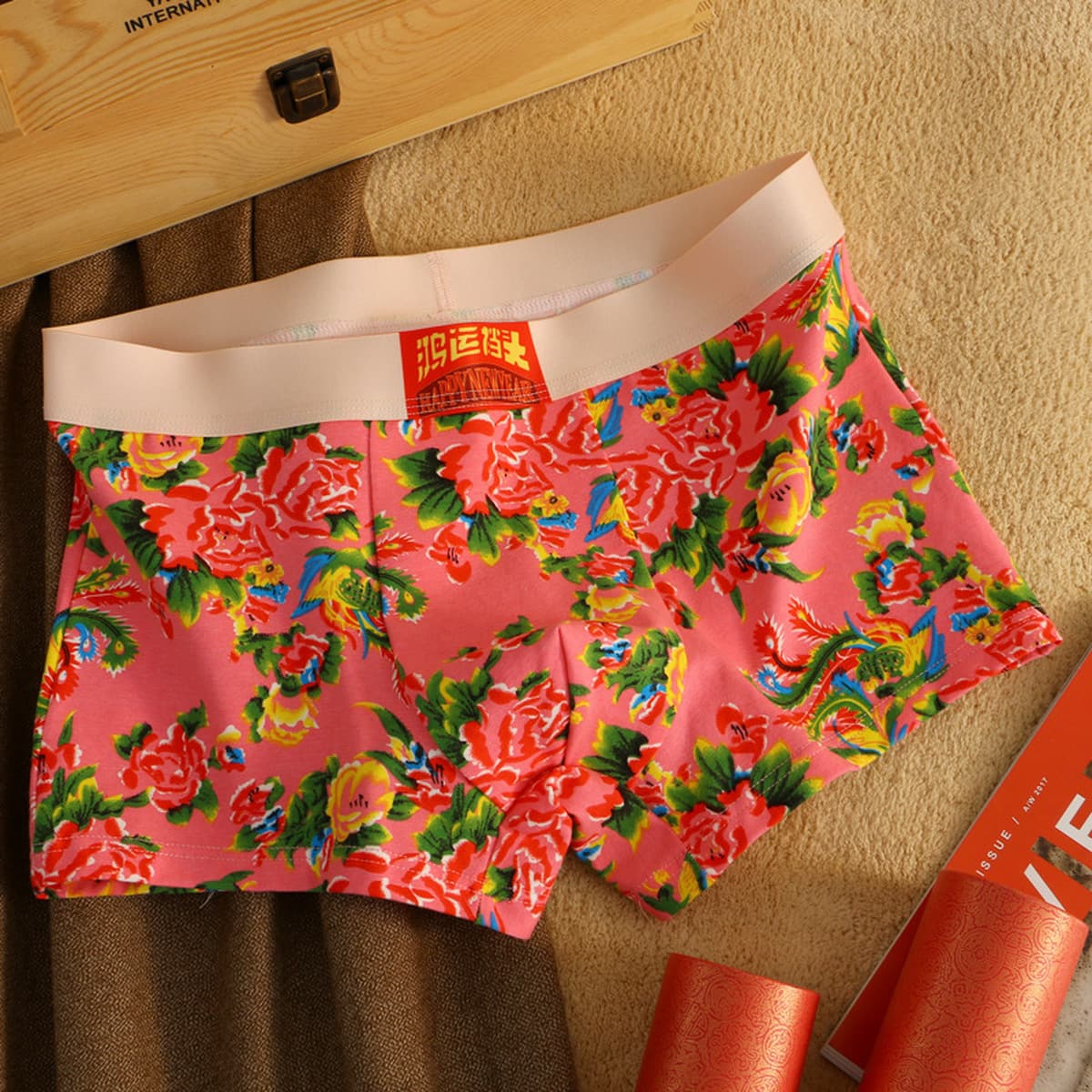 Мужские трусы-боксеры из чистого хлопка с крупным цветочным принтом в восточно-северном стиле, дышащие, комфортные,...