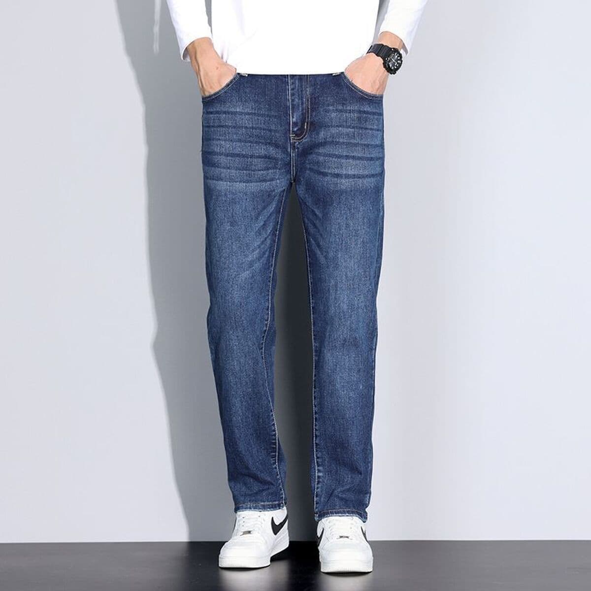 Удлиненные мужские джинсы для осени и зимы, плотные прямые свободные эластичные модные трендовые высококачественные мужские...