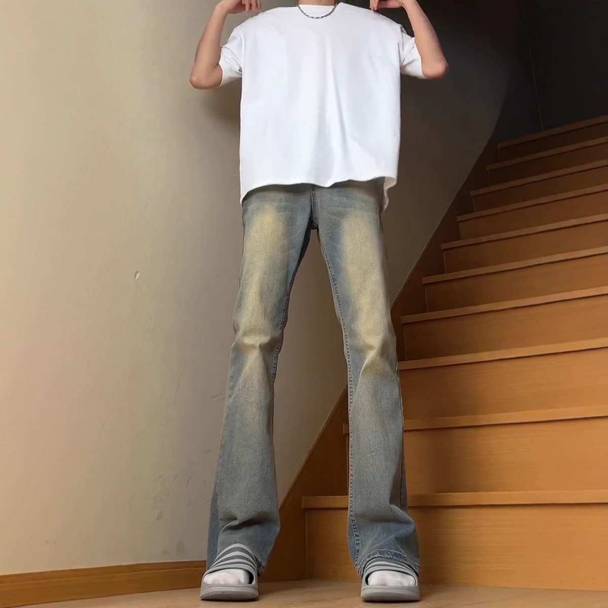 Американские брюки со средней и высокой талией для высоких мужчин, синие повседневные джинсы в стиле ретро, прямые брюки