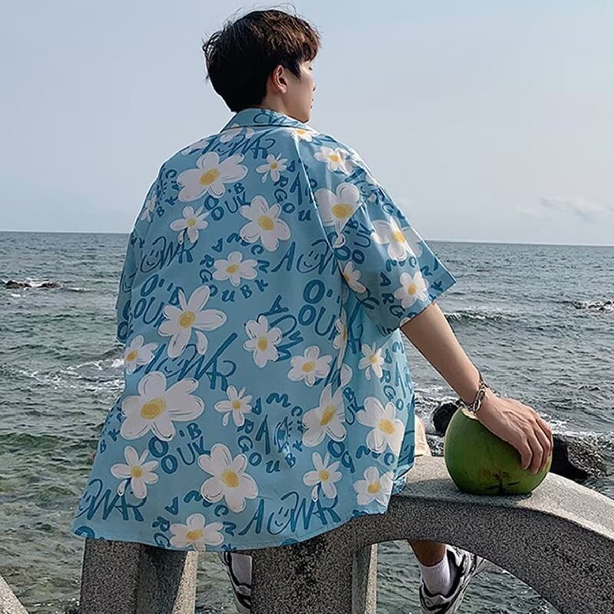 Мужская летняя рубашка с коротким рукавом из тонкой шелковистой ткани, гавайский цветочный принт, модная пляжная рубашка,...