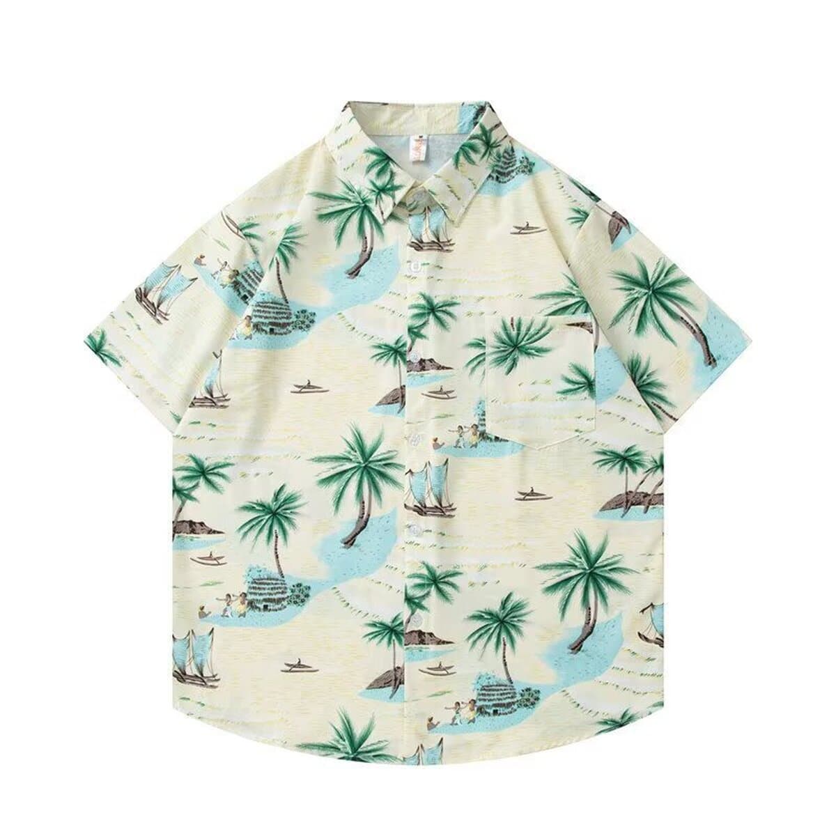 Мужская летняя рубашка с коротким рукавом из тонкой шелковистой ткани, гавайский цветочный принт, модная пляжная рубашка,...