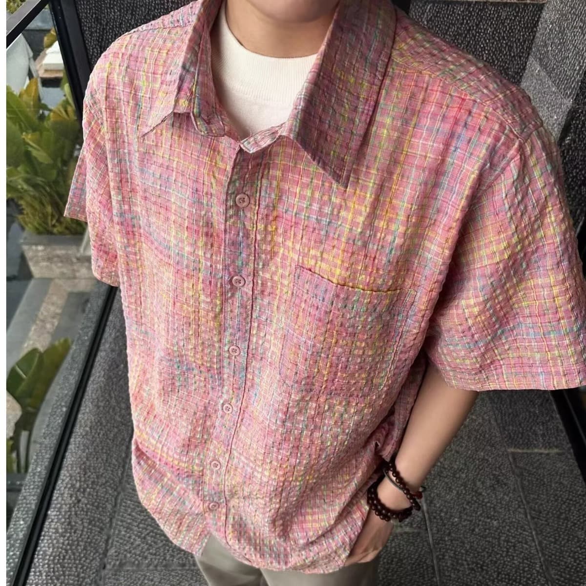 Летняя розовая рубашка из жатого хлопка с короткими рукавами для мальчиков, высококачественная мальчишеская рубашка для...