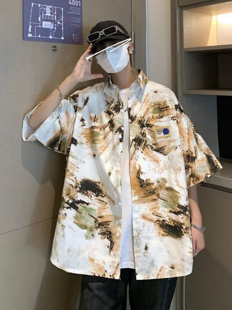 Мужская рубашка с гавайским цветочным принтом, короткий рукав, из ледяного шелка, модная пляжная рубашка, летняя тонкая...