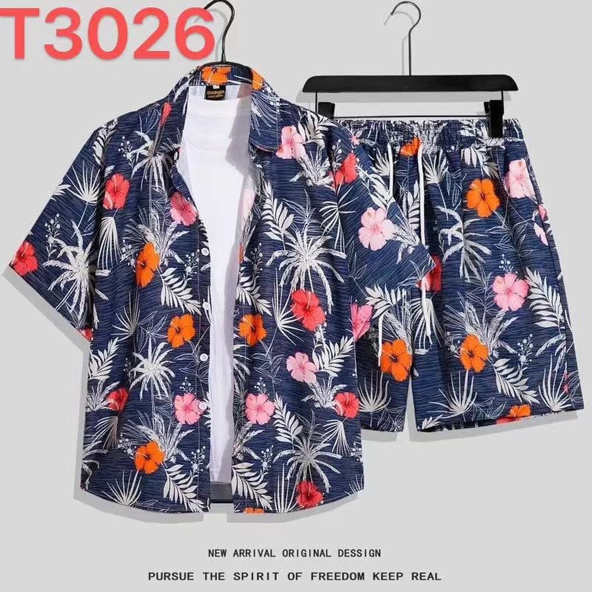 Мужской пляжный костюм из ледяного шелка: рубашка с коротким рукавом и цветочным принтом, свободные гавайские шорты большого...