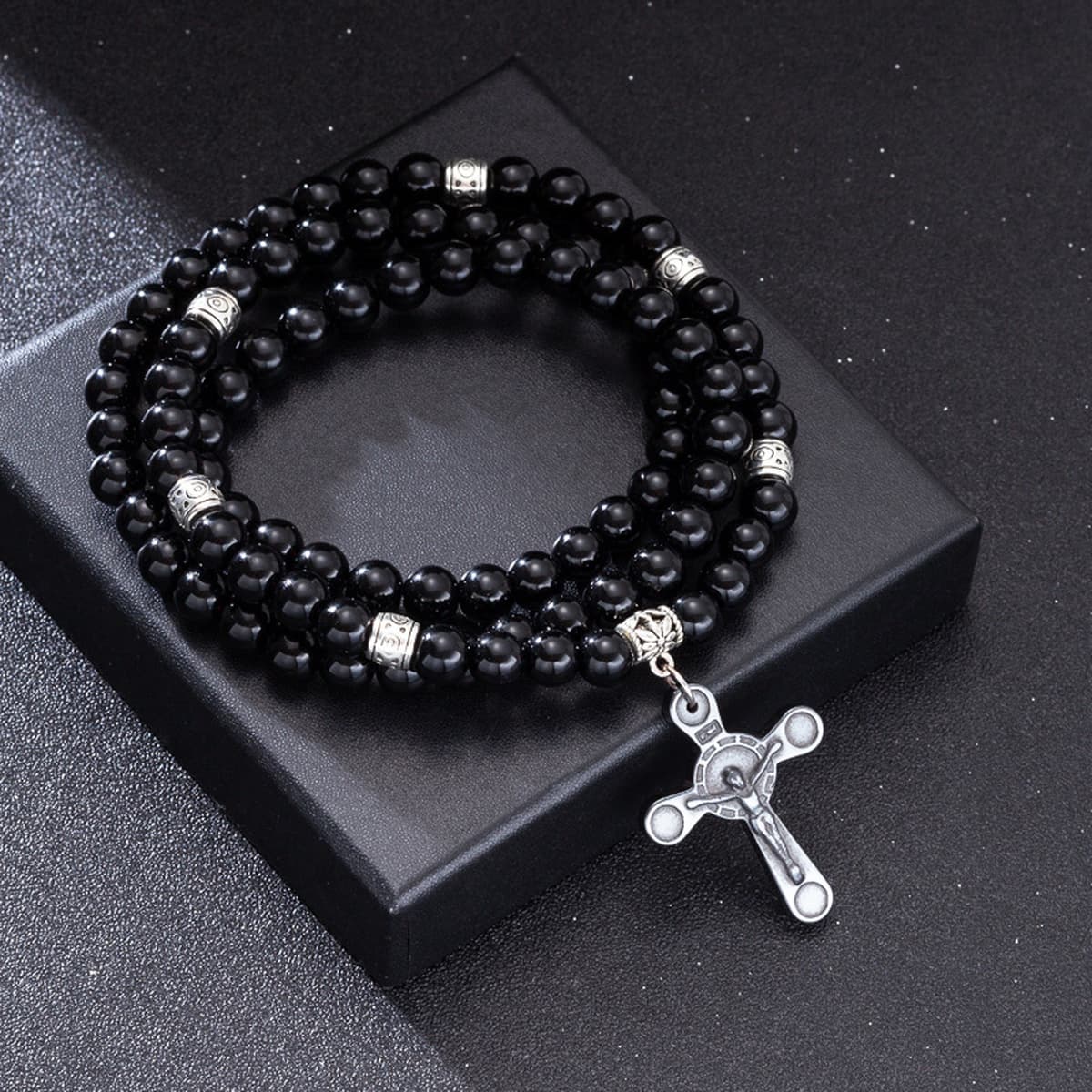 Ювелирные изделия для внешней торговли Amazon, мужские черные бусины, круглые бусины 8 мм, ожерелье с крестом, религиозная...